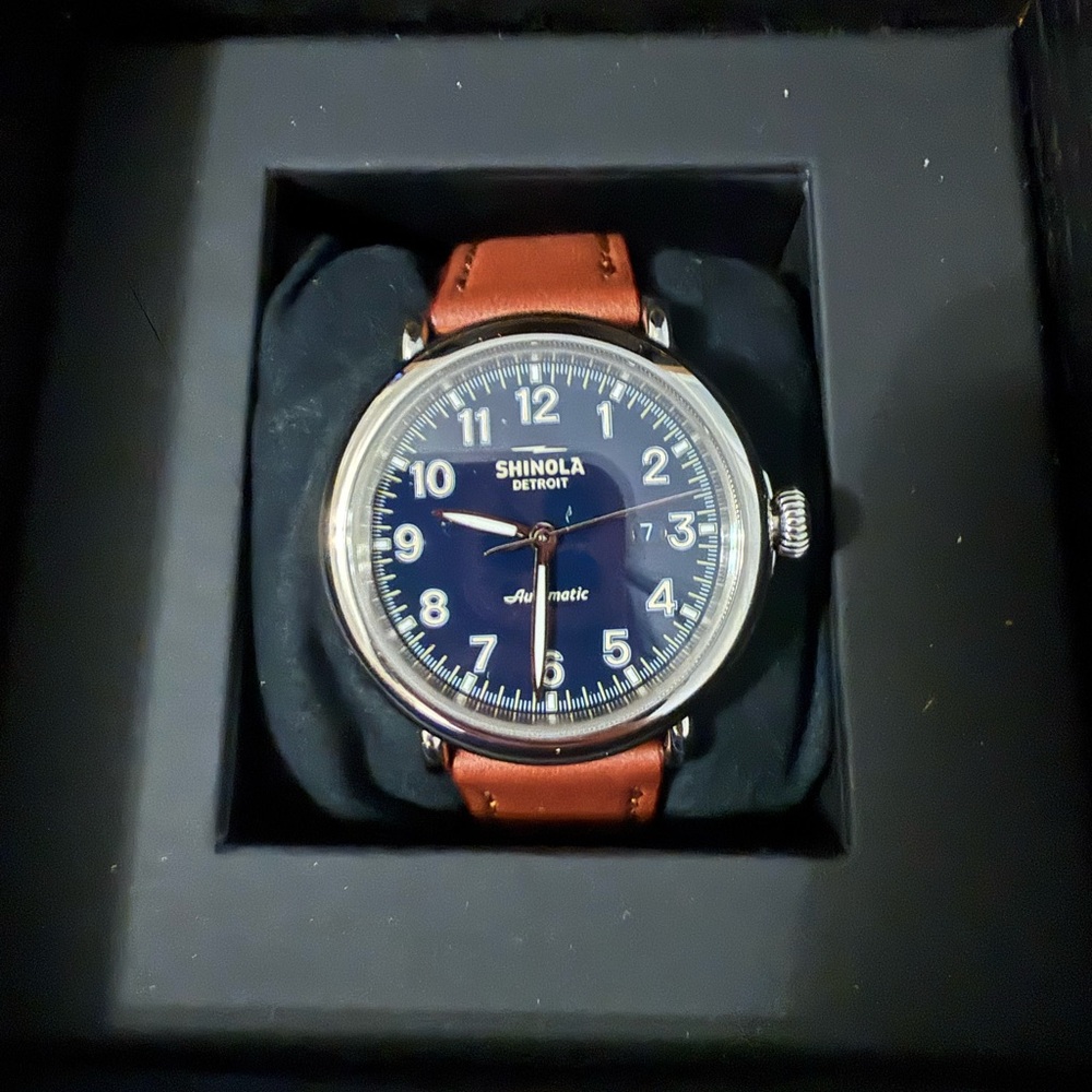 Shinola Brown and Silver Watch with Leather Strap